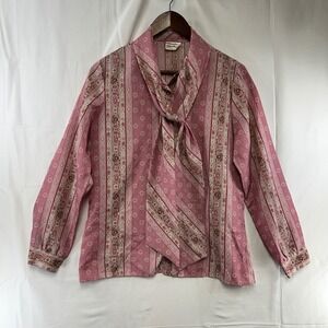 Country Suburbans Blouse Womens 12 Pink Paisley Tie Neck Vintage Long Sleeve